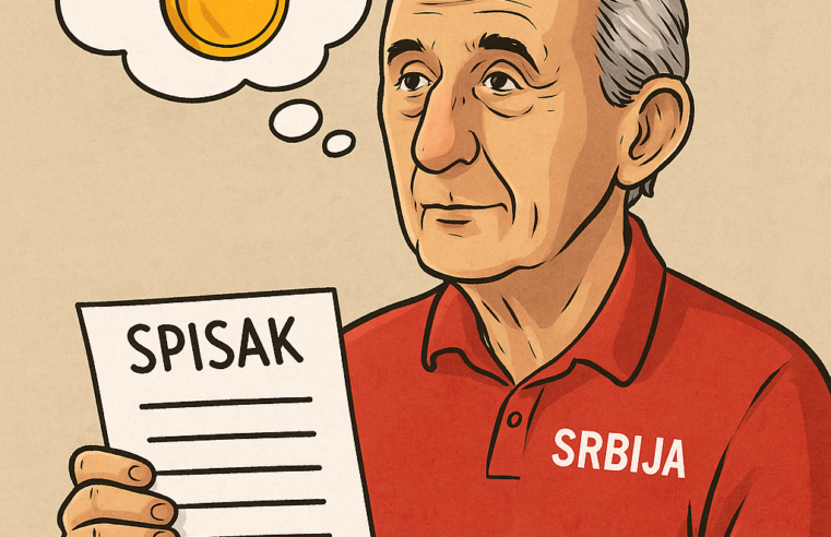 Karikatura Svetislava Pešića sa papirom u ruci, zamišljen dok sanja o medalji na Eurobasketu 2025