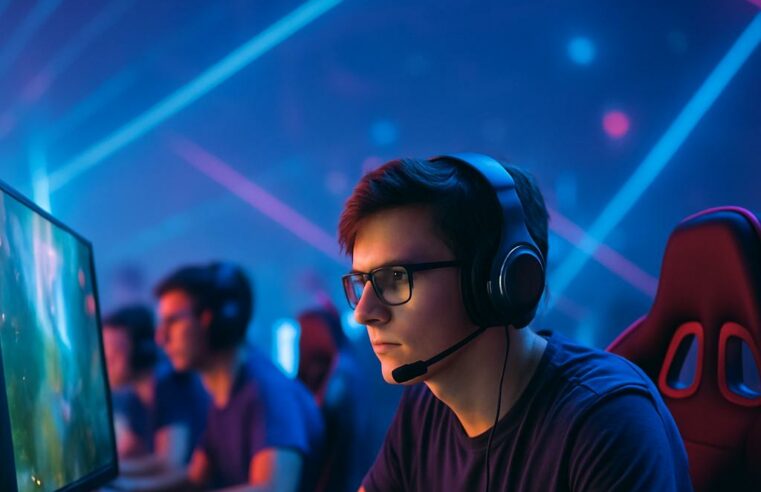 Mladi gejmer sa naočarima fokusirano igra na esport turniru, u atmosferi osvetljenoj plavičasto-ružičastim neonskim svetlima, dok se u pozadini vide drugi takmičari i profesionalna gejming oprema.